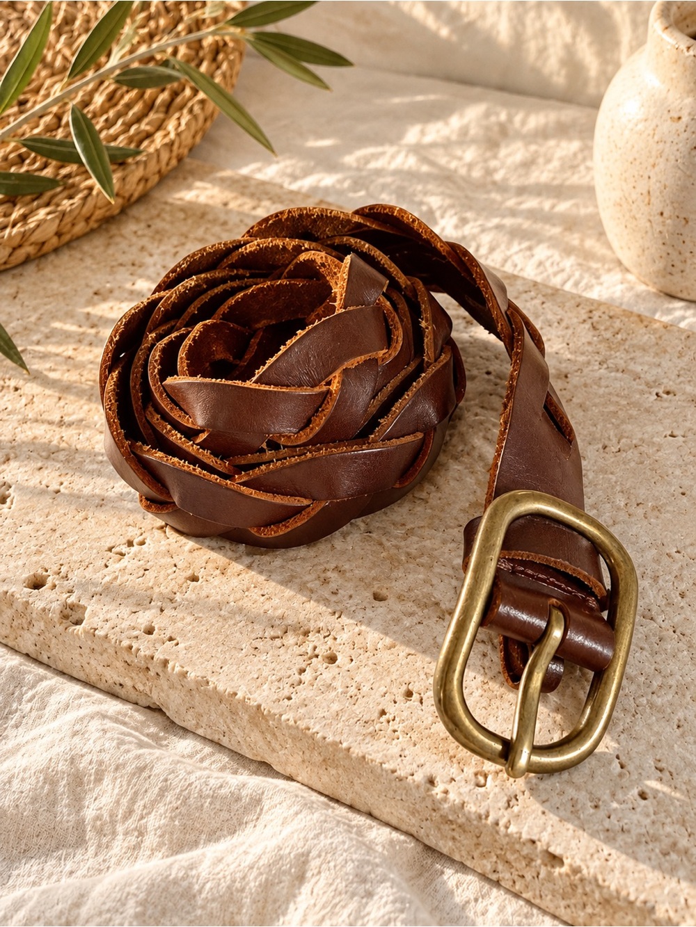✨ GAP Braided Brown Leather Belt Brass Buckle Size OS ✨